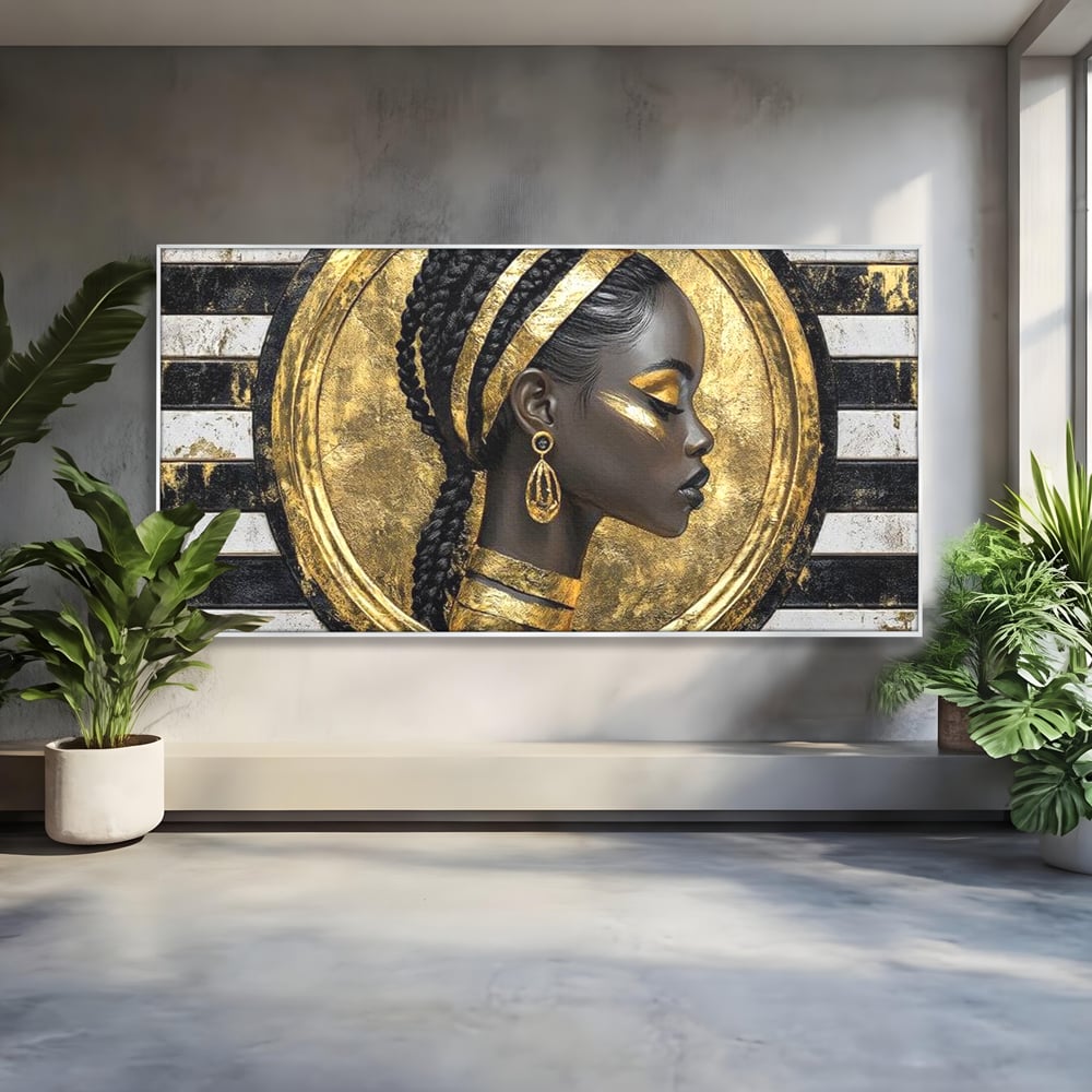 Tablou canvas cu tablou canvas cu portret afro, in rama de aluminiu argintiu